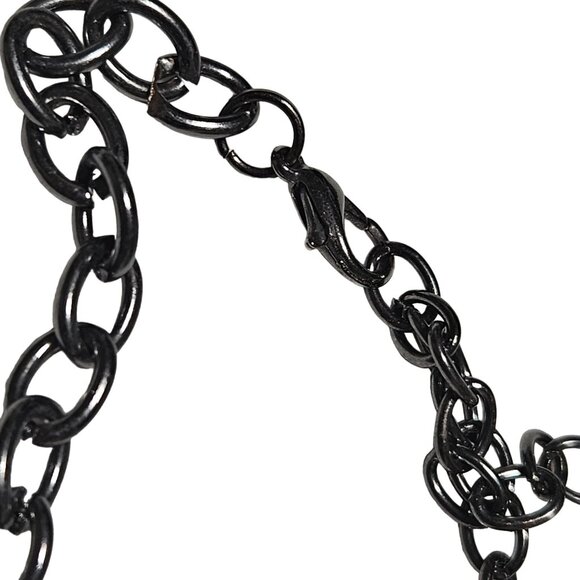 Black Metal Statement Chain Link Necklace Tassel Disk Charms Gothic Fashion - Picture 5 of 8